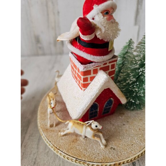 Antique Santa musical rotating house flocked Xmas tree reindeer decor - Picture 6 of 8